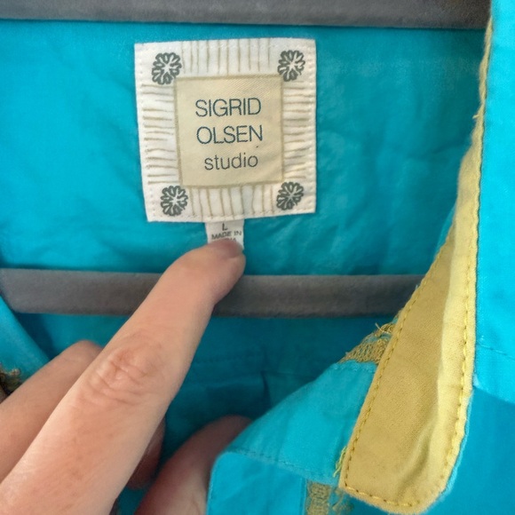Sigrid Olsen 100% Cotton Aqua and Yellow Shirt - Picture 2 of 9